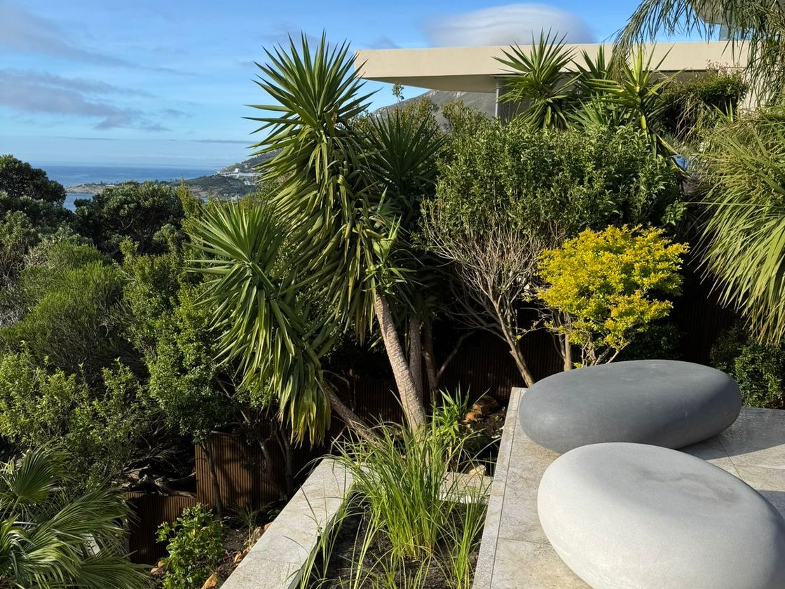 Sculptural stone seats beside a raised pool terrace with layered indigenous planting and a sea view